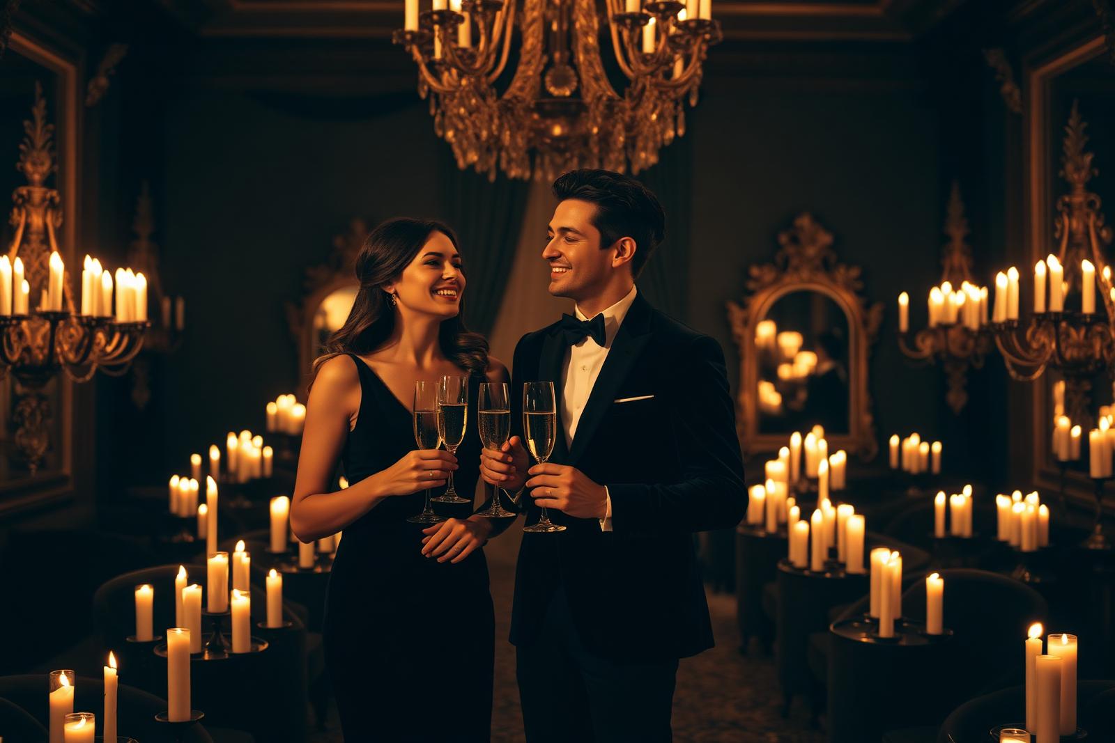Junges elegantes Paar mit Champagner in kerzenerhelltem Schlosssalon