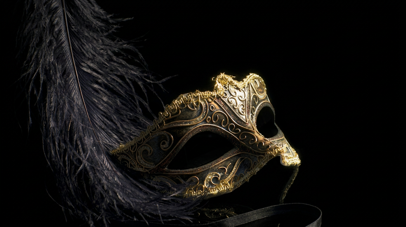 Venezianische Maske mit Goldfiligran und schwarzer Feder auf dunklem Grund